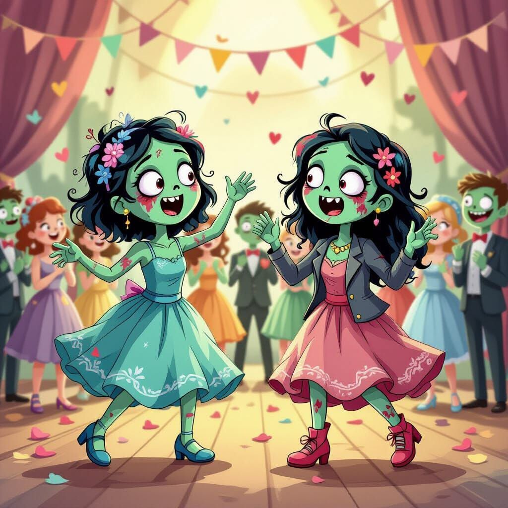 Happy Zombies Dance at Undead Prom in Storybook Style