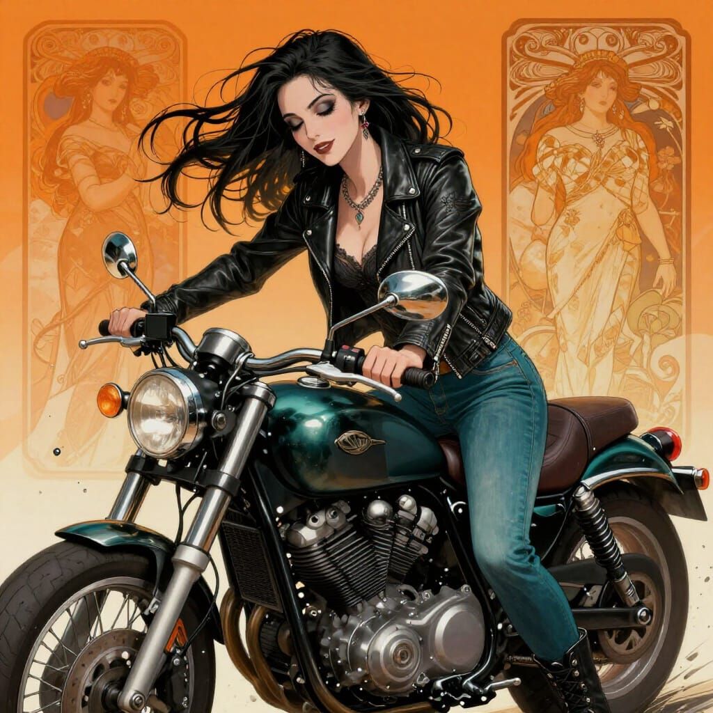 Gothic Woman Rides Motorcycle in Dynamic Concept Art