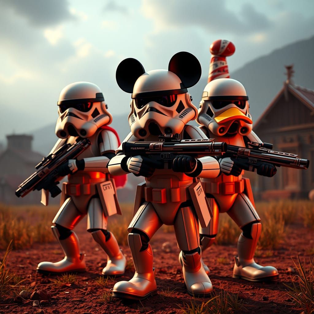 Mickey, Donald, and Goofy as Stormtroopers in Sci-Fi Assault