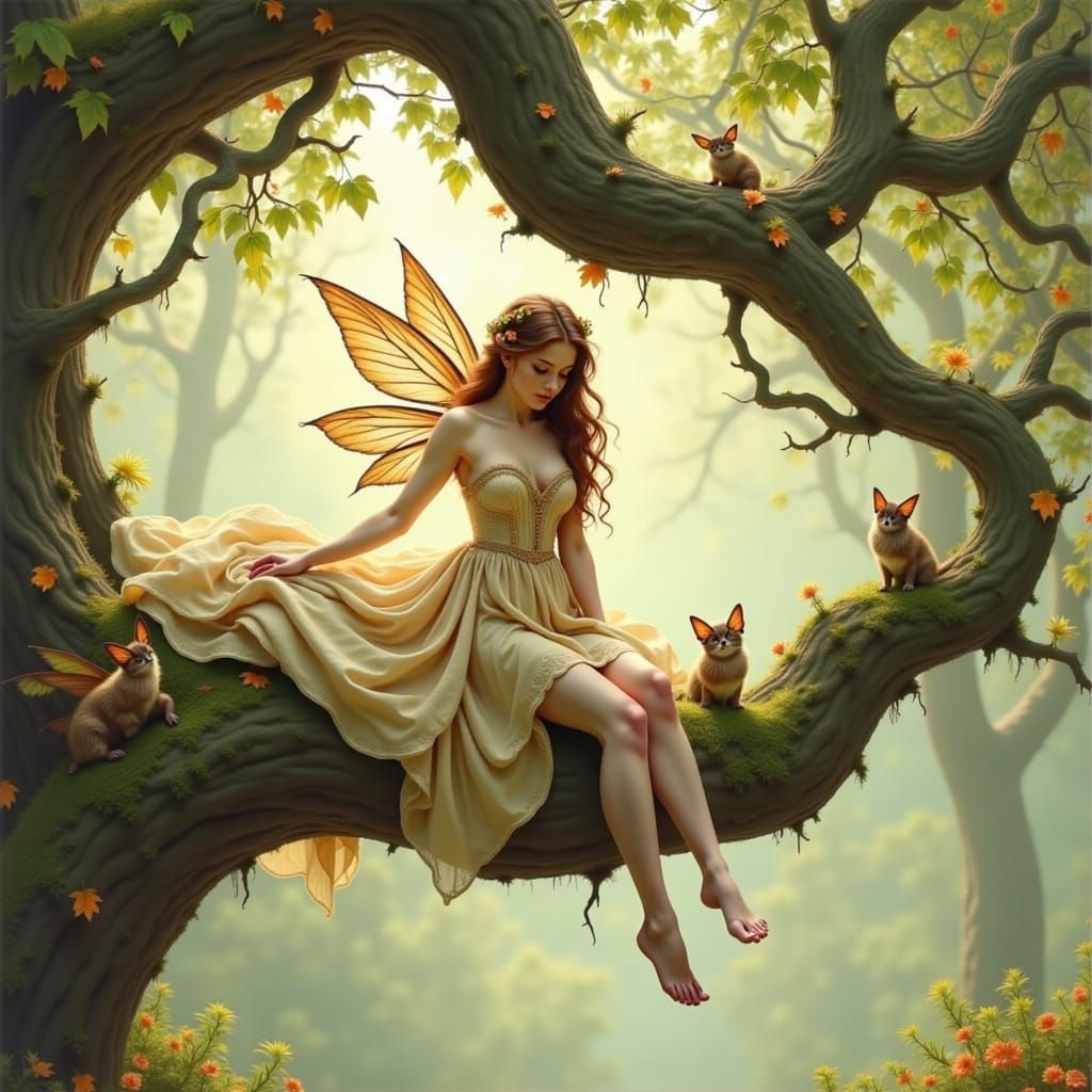 Autumn Fairy on Ancient Branch, Ethereal Art