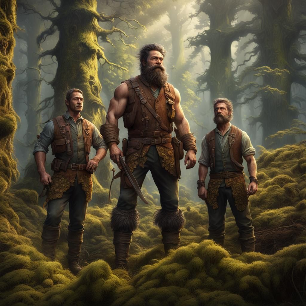 Tree Man Confronts Lumberjacks: Detailed Fantasy Art