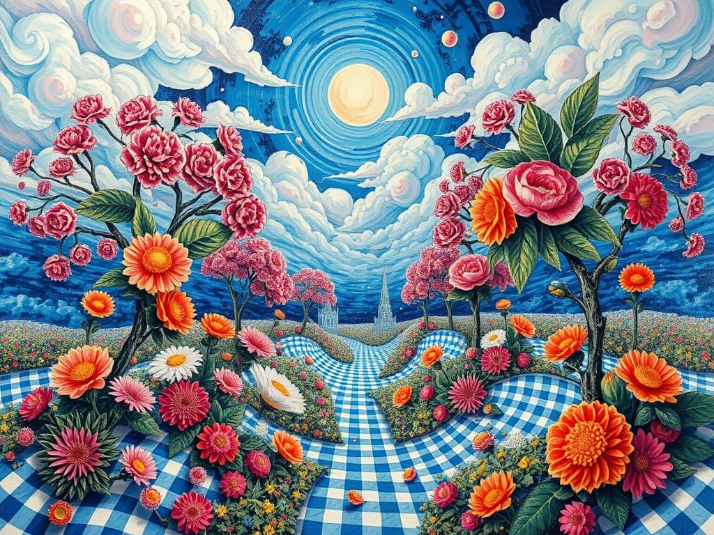 Dreamlike Gingham Landscape in Vibrant Blue and White