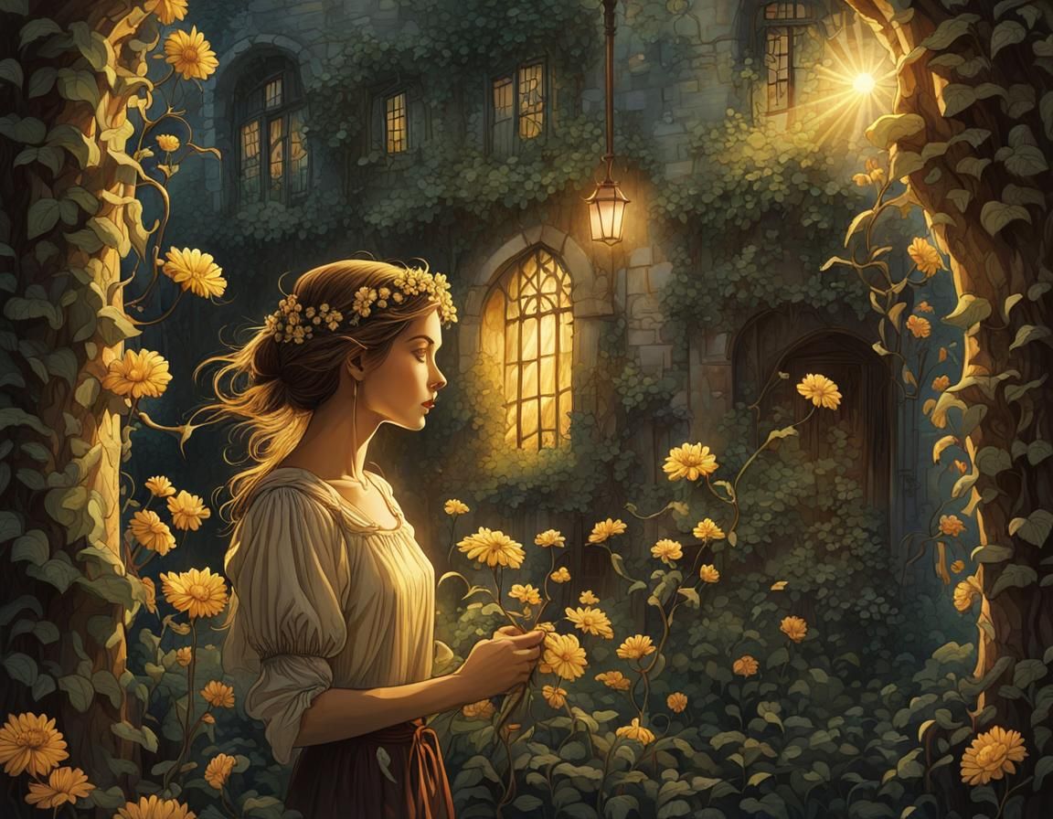 Blooming Garden in Sunbeams: Whimsical Illustration