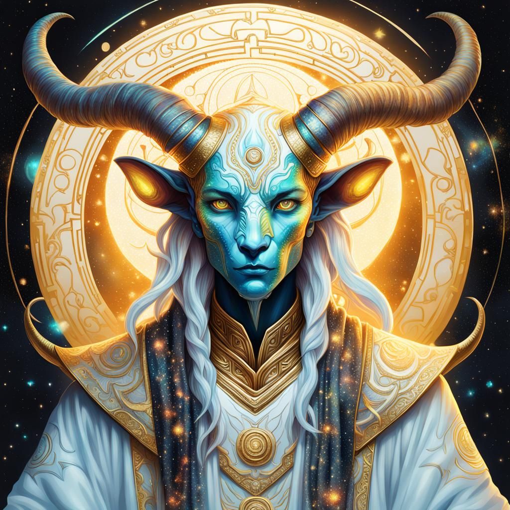 Bioluminescent Tiefling in Astral Cosmic Illustration