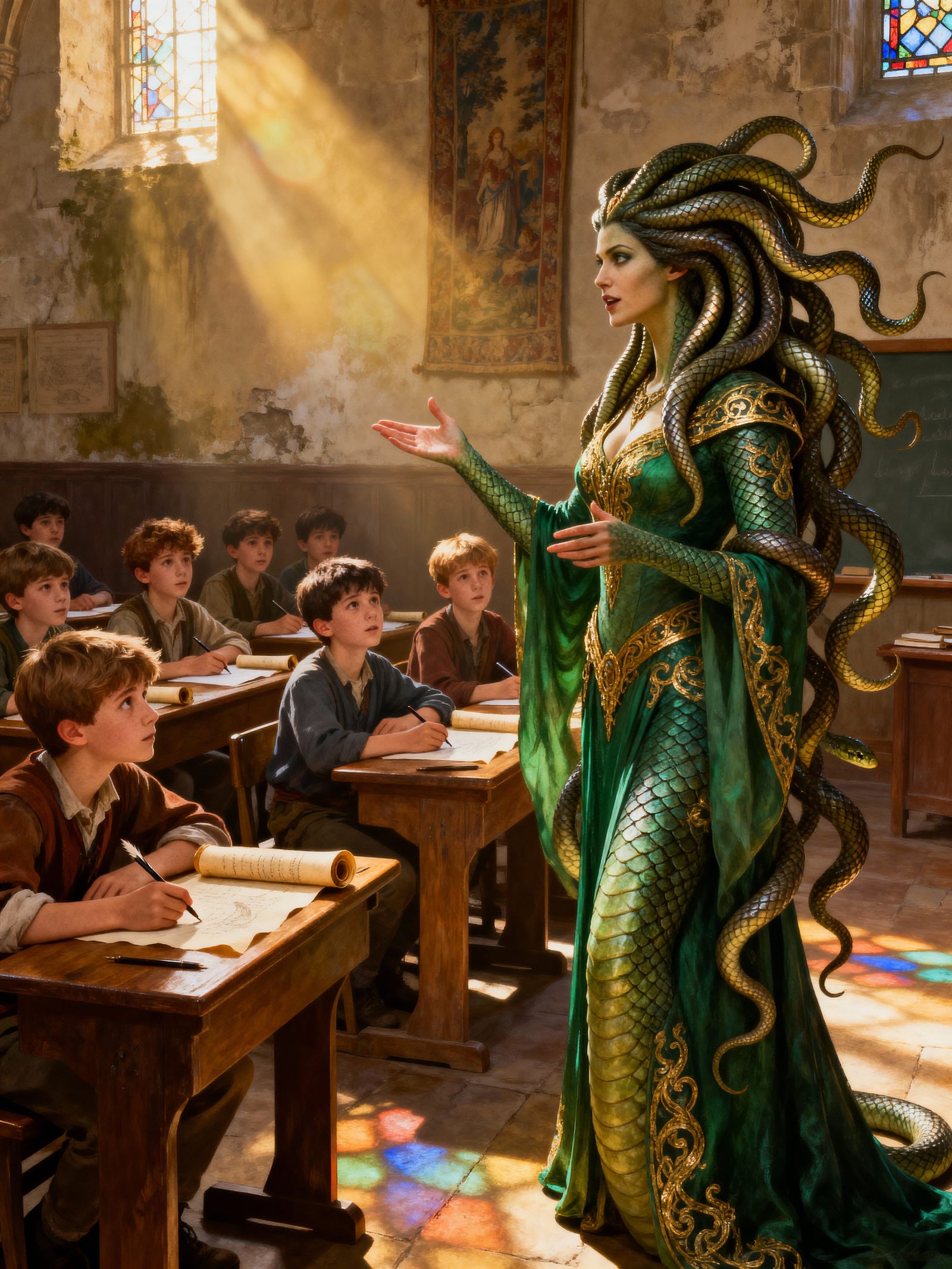 Medusa Teaches Young Boys in Sunlit Classroom