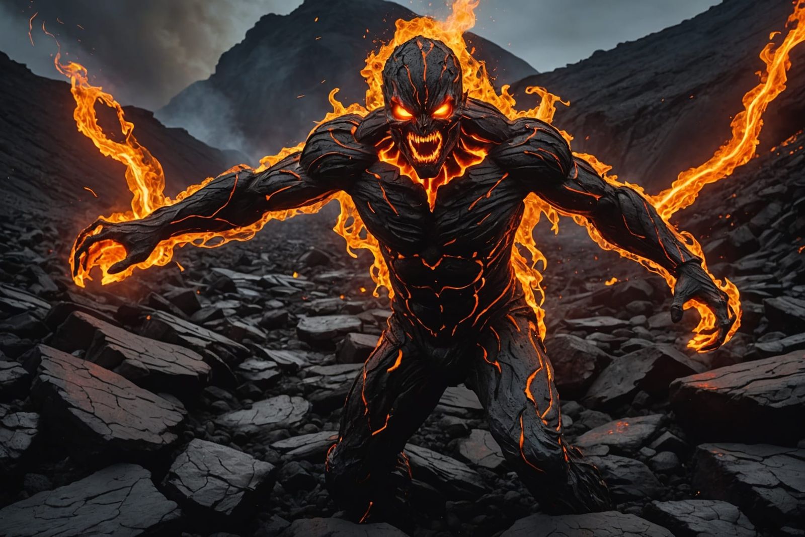 Molten Lava Humanoid Emerges from Volcano