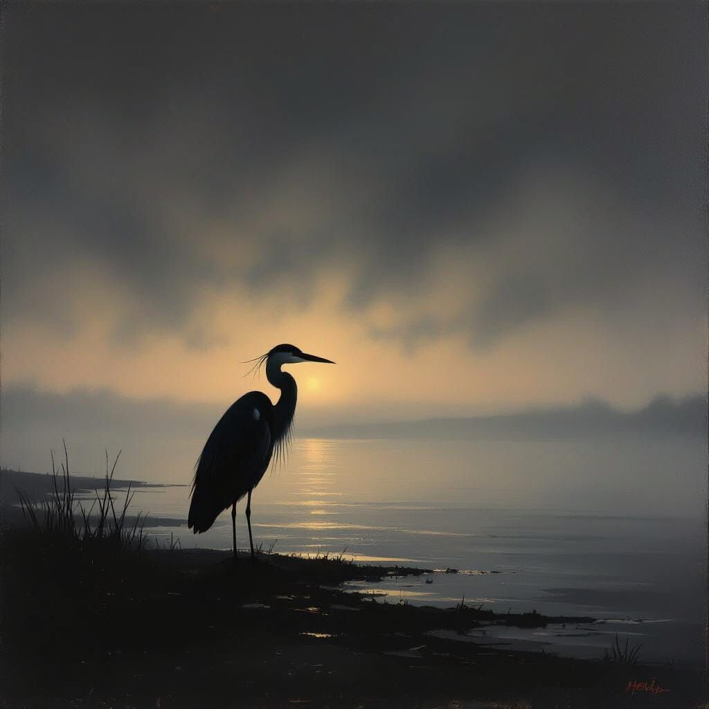 Elegant Heron on Foggy Shore at Twilight Oil Painting