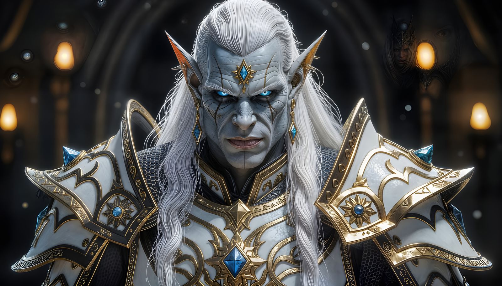 Albino Orc Warlock in Ornate Gold and White Armor