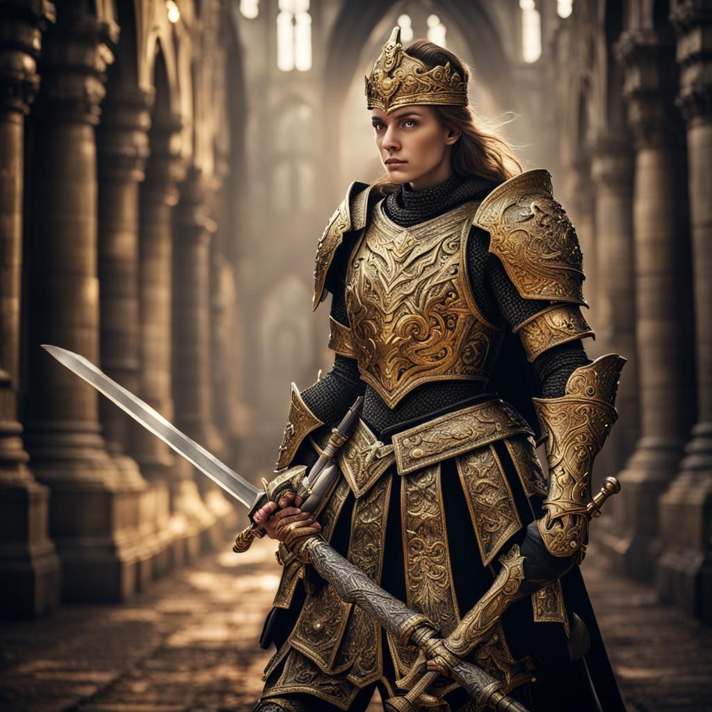 Female Knight in Gold and Black Armor