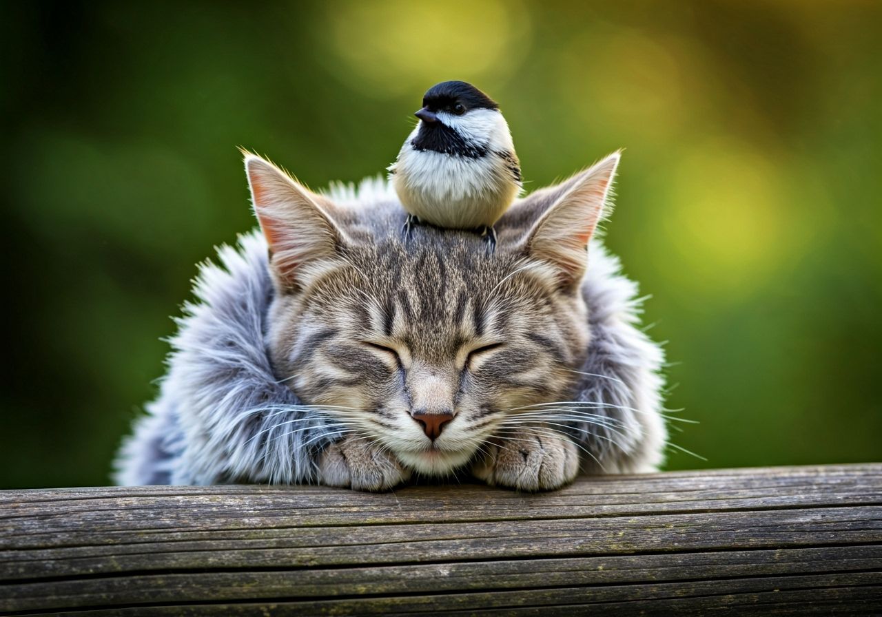 Serene Cat Napping with Chickadee in Sunlit Foliage