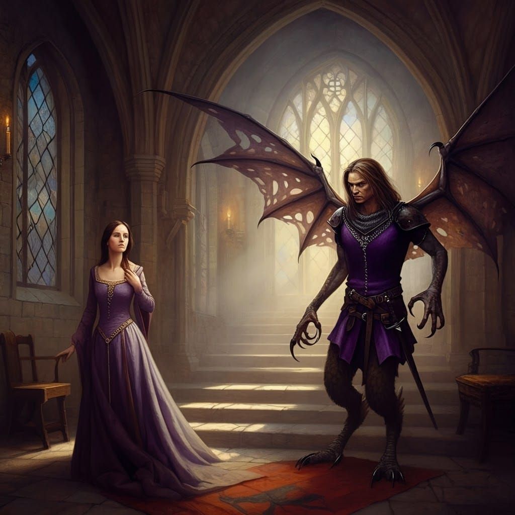 Medieval Woman and Winged Creature, Ethereal Oil Painting