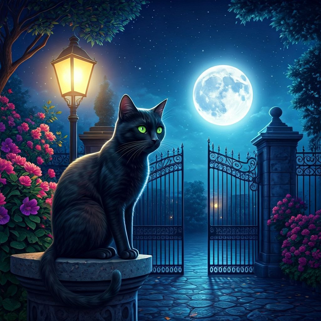 Enchanting Black Cat on Stone Pillar, Digital Art