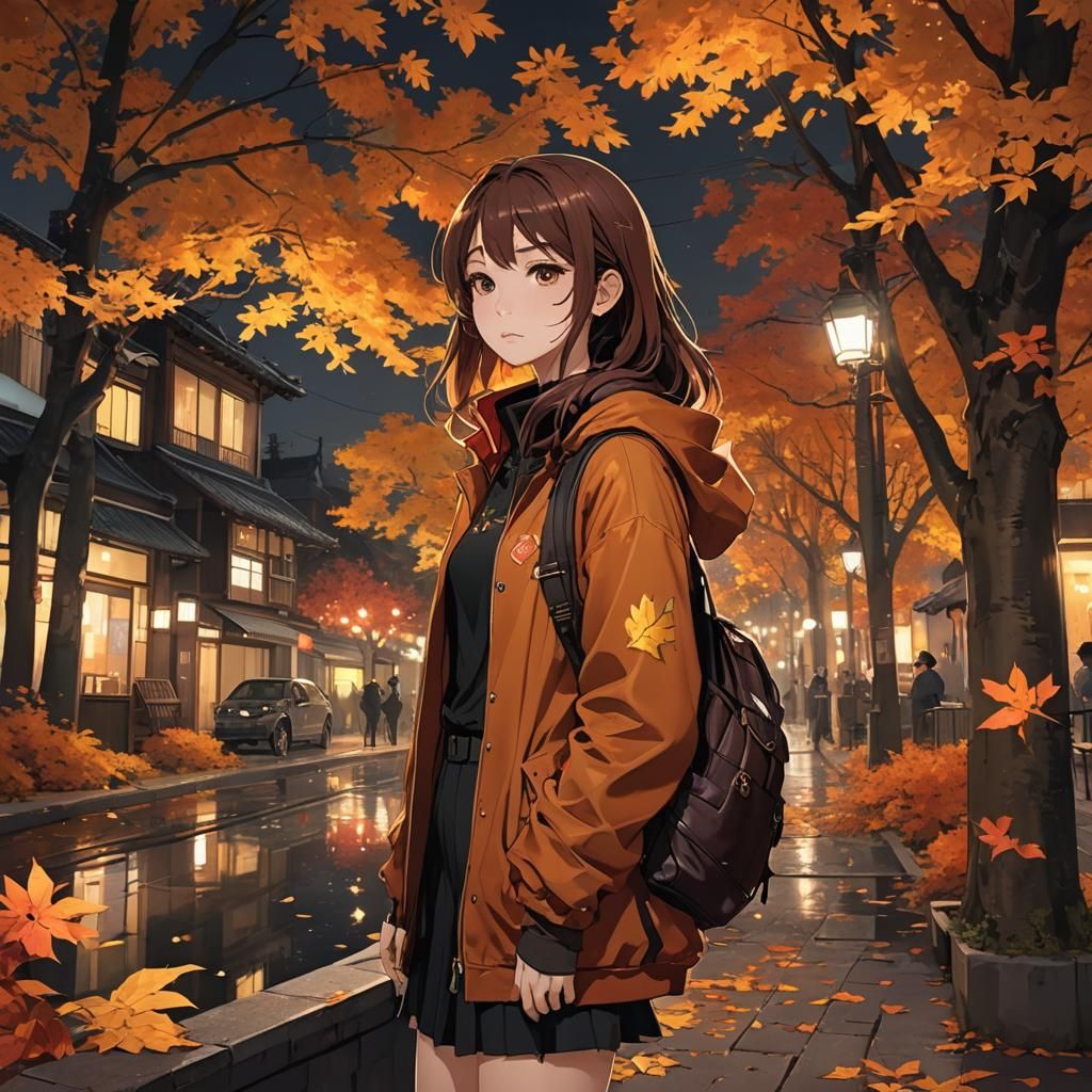 Anime Girl in Autumn Night View: 3D Art