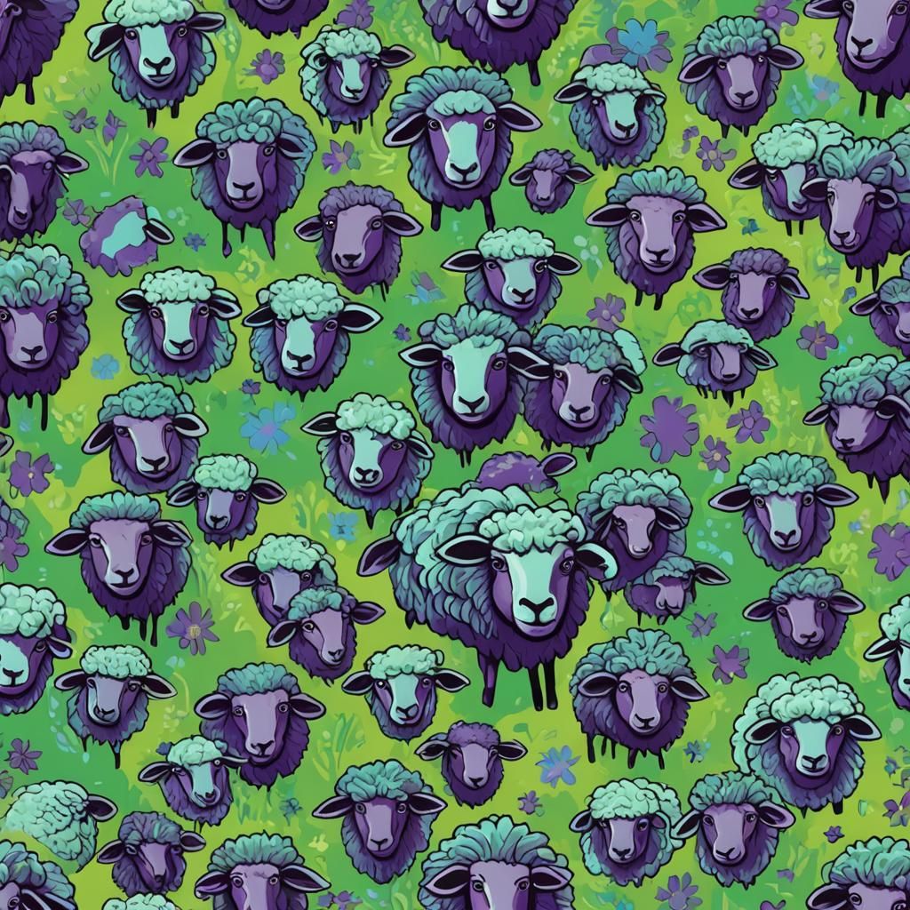 Green Sheep in Pop Art Style with Purple and Blue