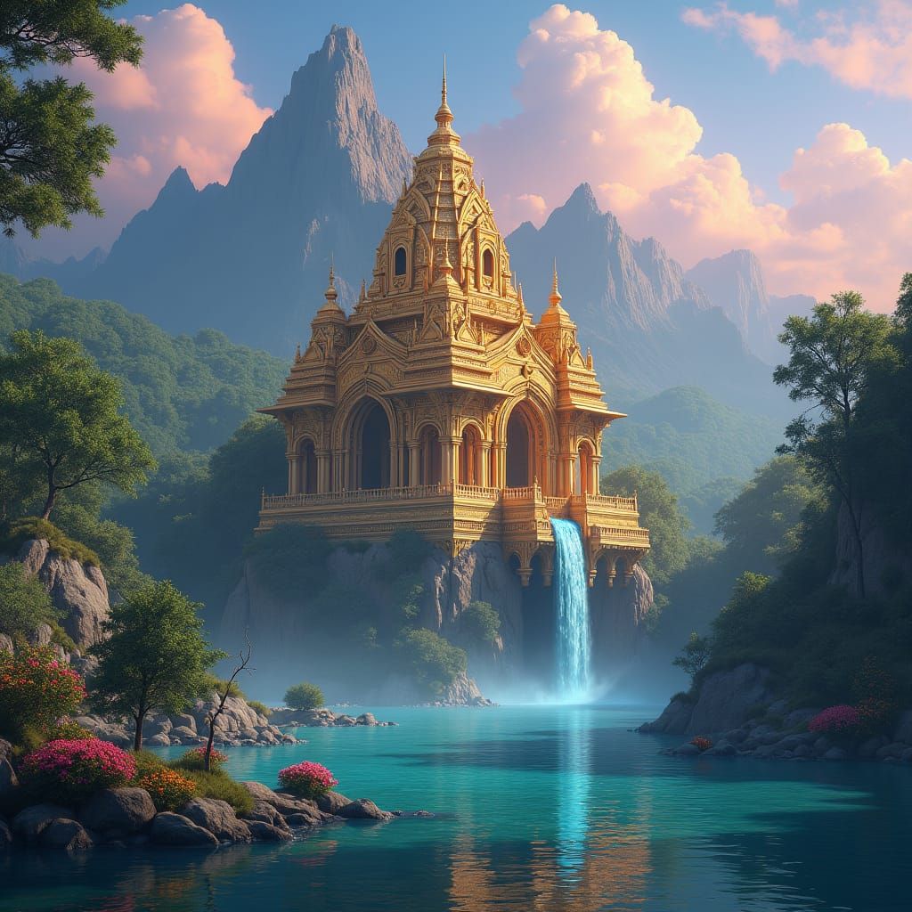 Majestic Golden Temple in Emerald Forest