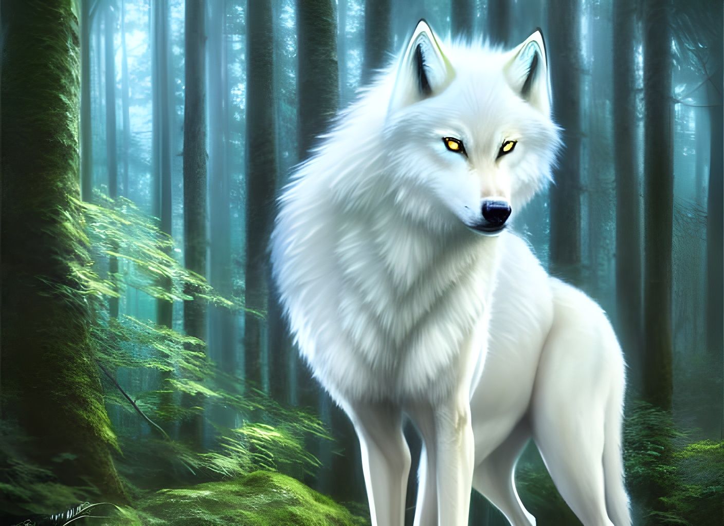 Winged White Wolf in Fantasy Forest