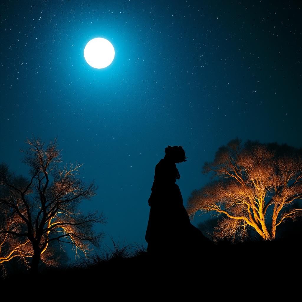 Contemplative Figure Under Starry Sky in Surreal Style