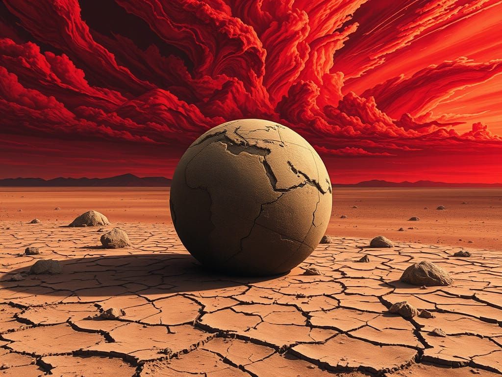Dessicated clay sculpture of the globe western hemisphere, surrounded by desert, under a  blood red sky. High contrast