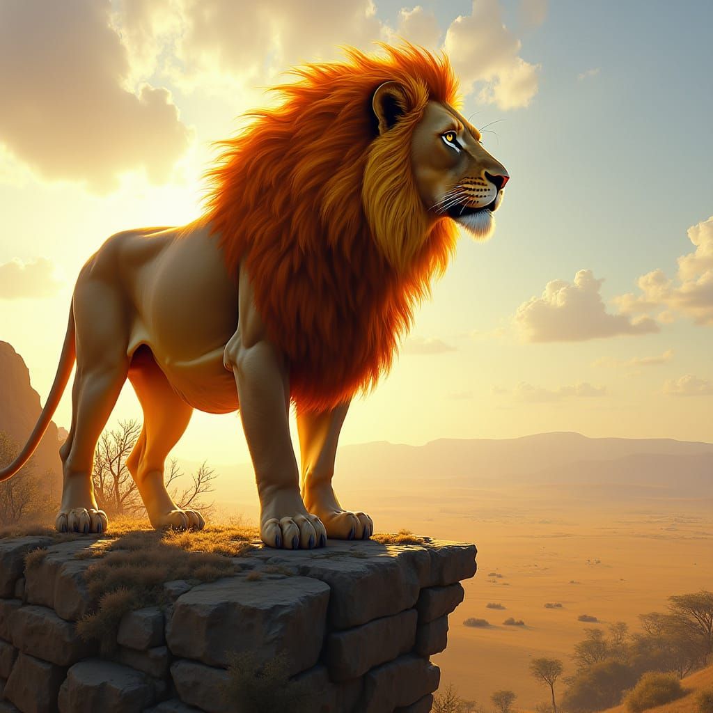 Hyperrealistic Lion with Fiery Mane, Standing on Rocky Cliff...
