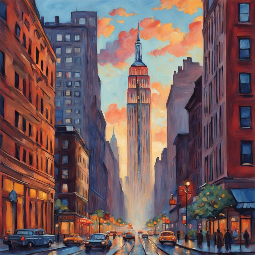 WWII Bomber Over Manhattan in Gouache Style