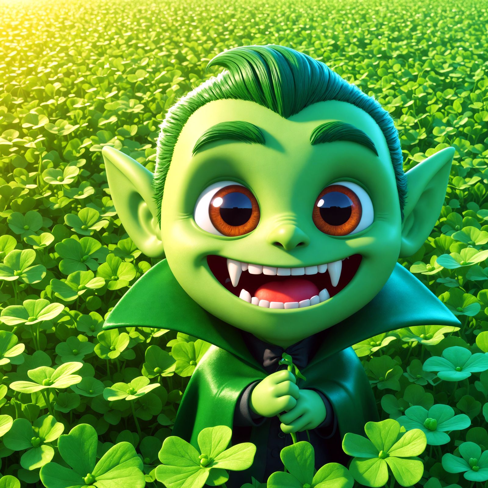 Cheerful Green Vampire in Clover Field, CGI Illustration