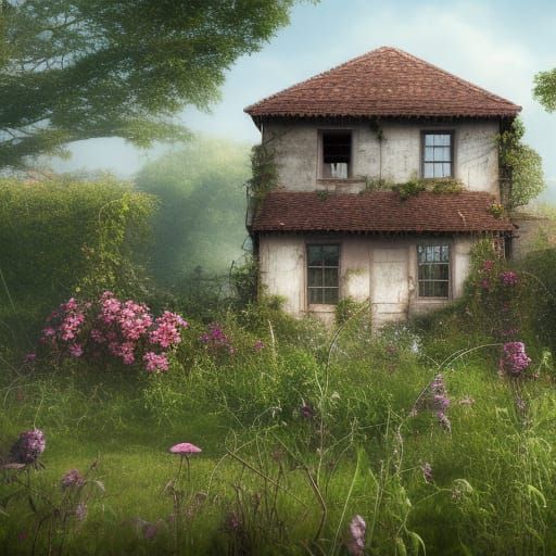 Overgrown Farmhouse in Hyperrealistic Watercolor Style