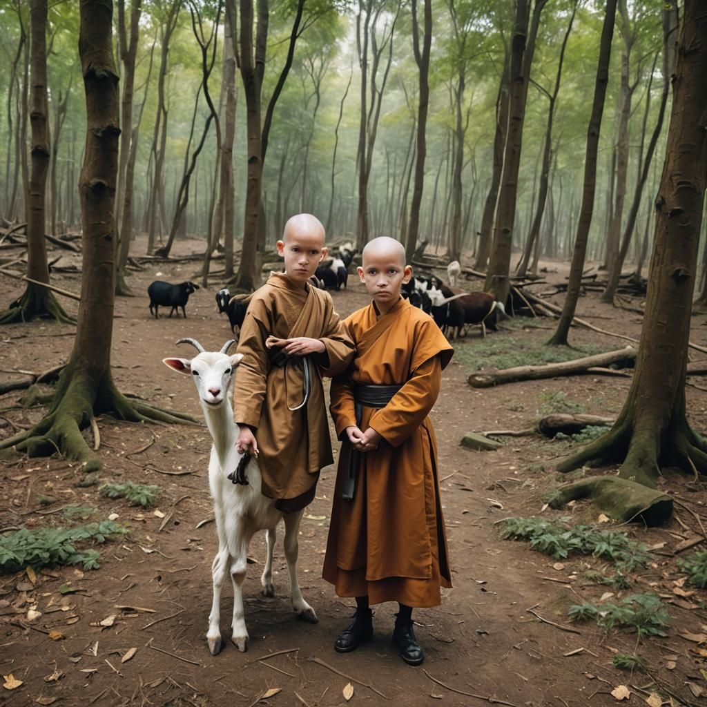 Girl Dressed as Monk with Goat in Forest