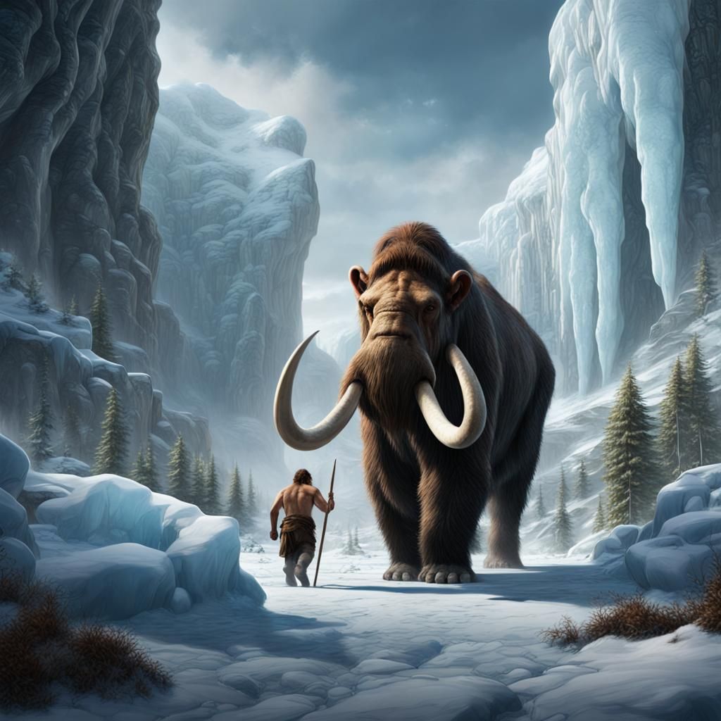 Neanderthal Hunting a Woolly Mammoth: Detailed Matte Paintin...