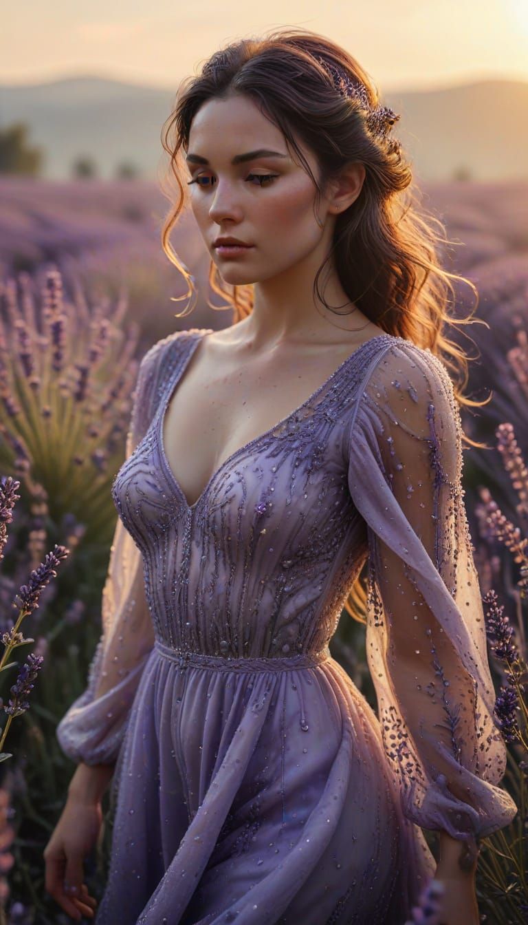 Woman in Lavender Field at Dawn: Digital Art