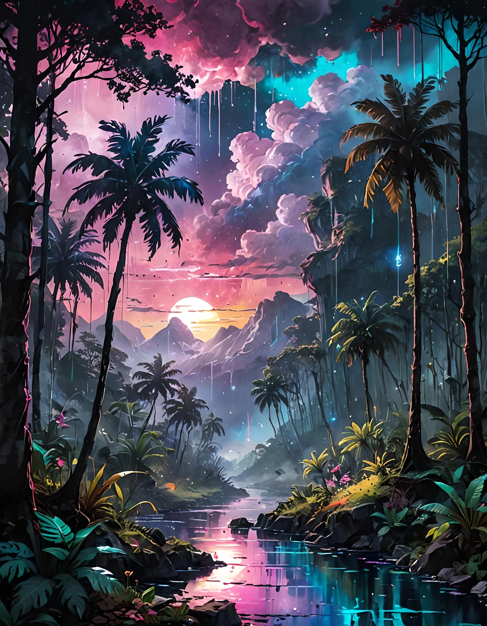Vaporwave Rainforest Landscape with Blood Moon