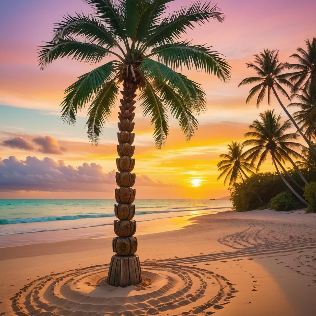 Totem Palm Tree on Beach in Tropical Impressionism