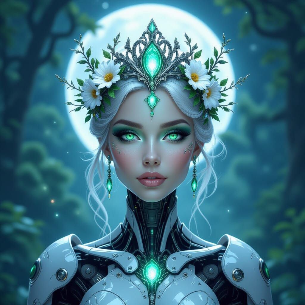 Ethereal Robot Forest Queen in Moonlit Glade