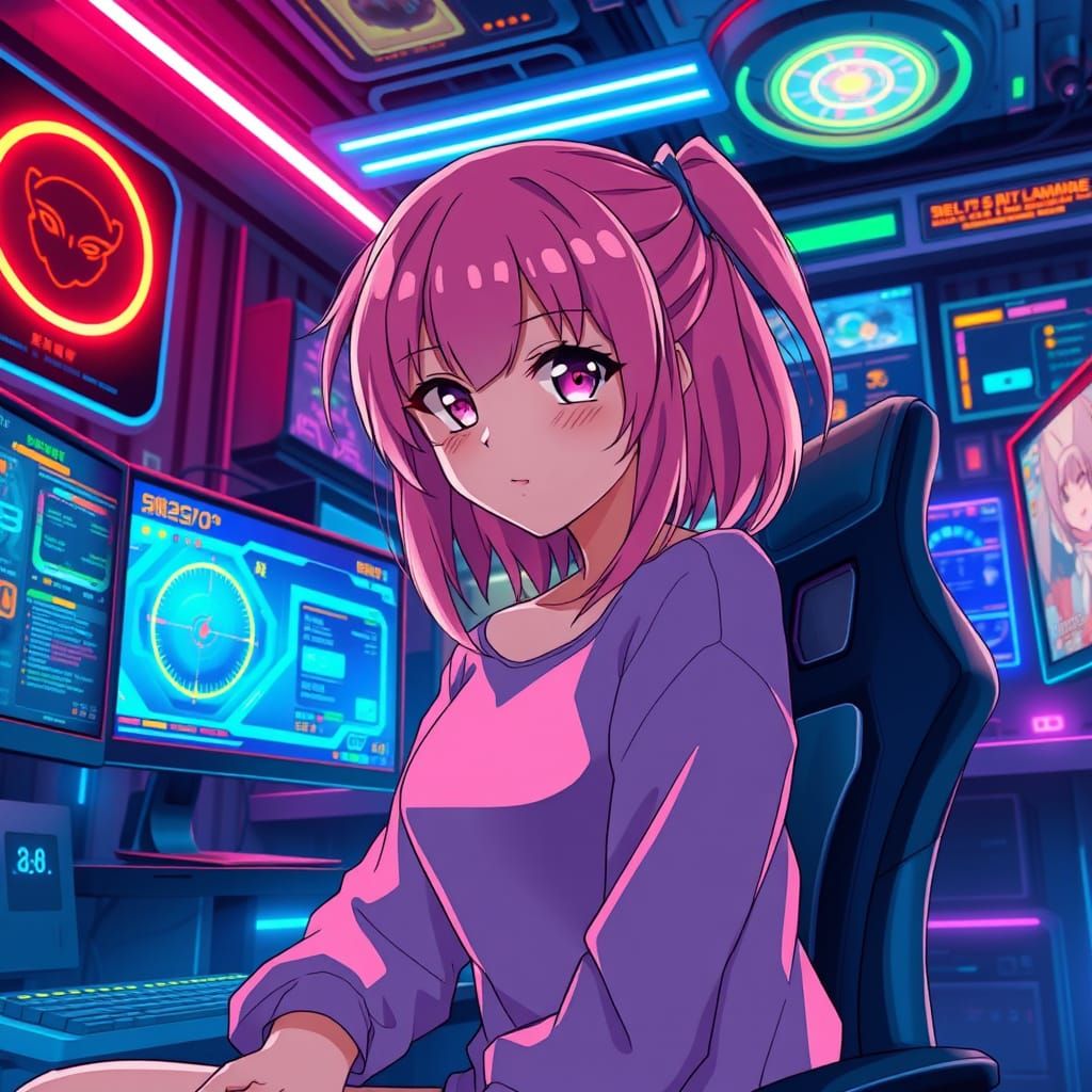 Anime Girl in Futuristic Gaming Room