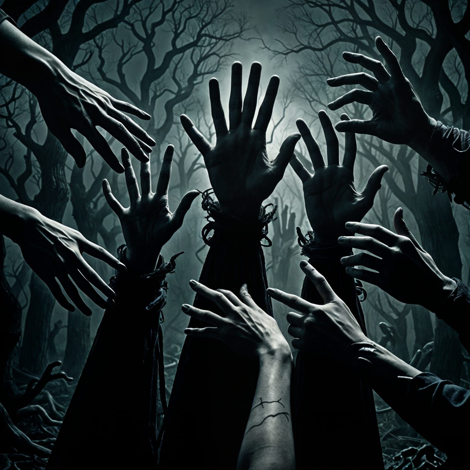 Six Disembodied Hands Scuttle in a Dark Void