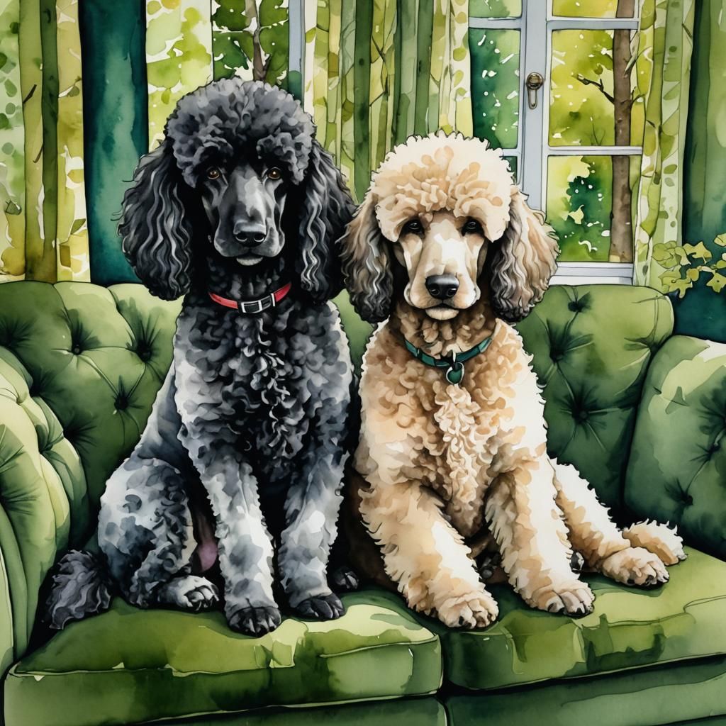 Cute Poodles Snuggle in Watercolor Portrait
