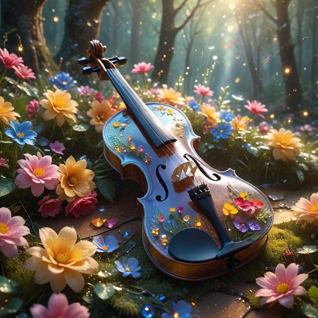 Ethereal Crystal Violins in Lush Forest, Hyperdetailed Art