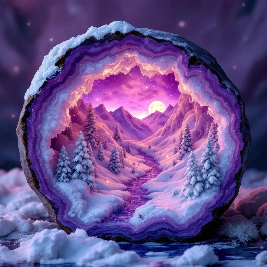 Whimsical Geode Dreamscape in Vibrant Gouache Style
