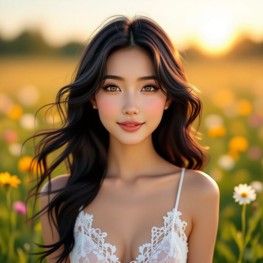 Smiling Woman in Wildflower Field at Dawn