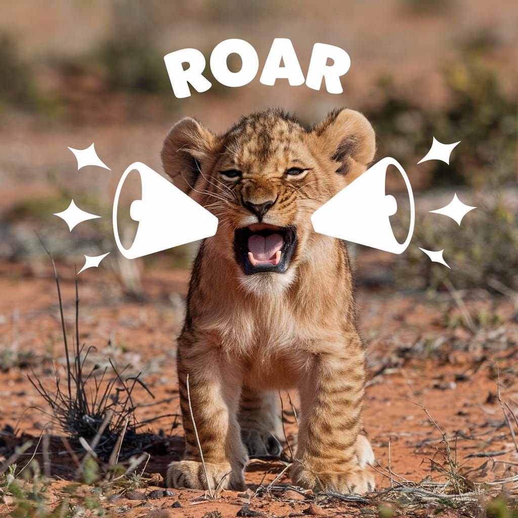 Cute Lion Cub's Roar Echoes on Savanna