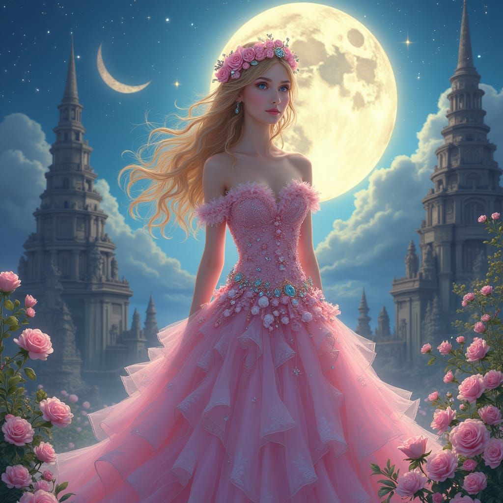 Fantasy Princess in Floral Gown Before Enchanted Temple