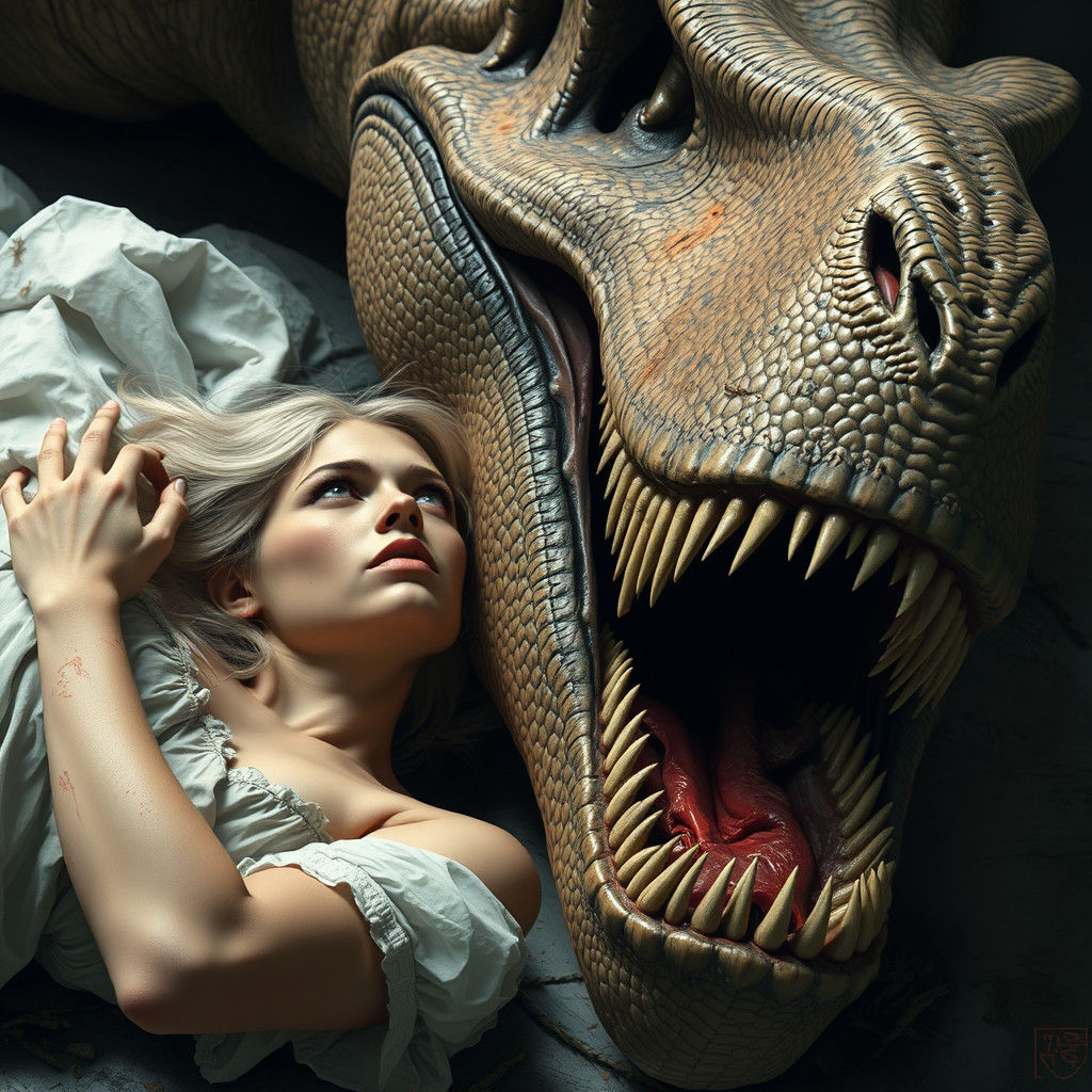 Dinosaur's Prey: Blond Maiden in Peril, Dark Fantasy Art