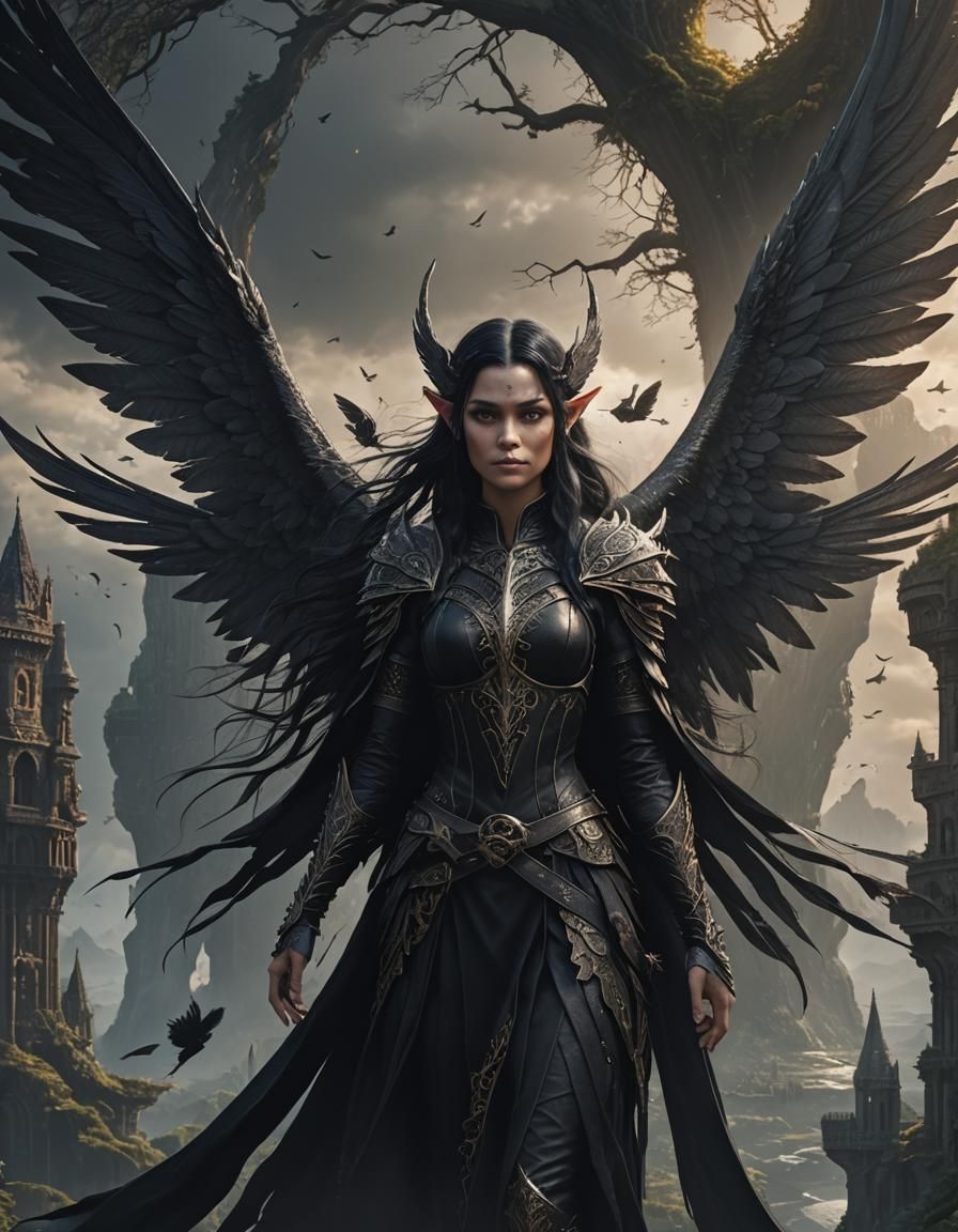Winged Elf with Black Wings: Digital Matte Painting