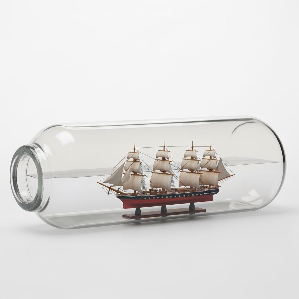 A tiny model of a clipper ship in a stout clear bottle on it...