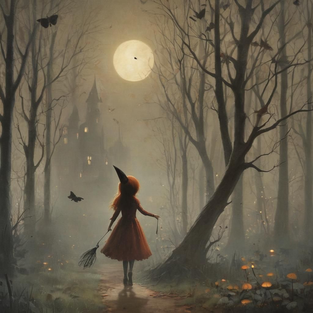 Enchanting Halloween Scene in Storybook Illustration Style