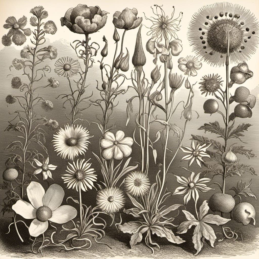 Victorian Botanical Drawing of Fantastical Flowers
