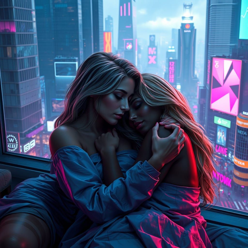 Serene Cyberpunk Women Embracing in Futuristic Cityscape Ren...