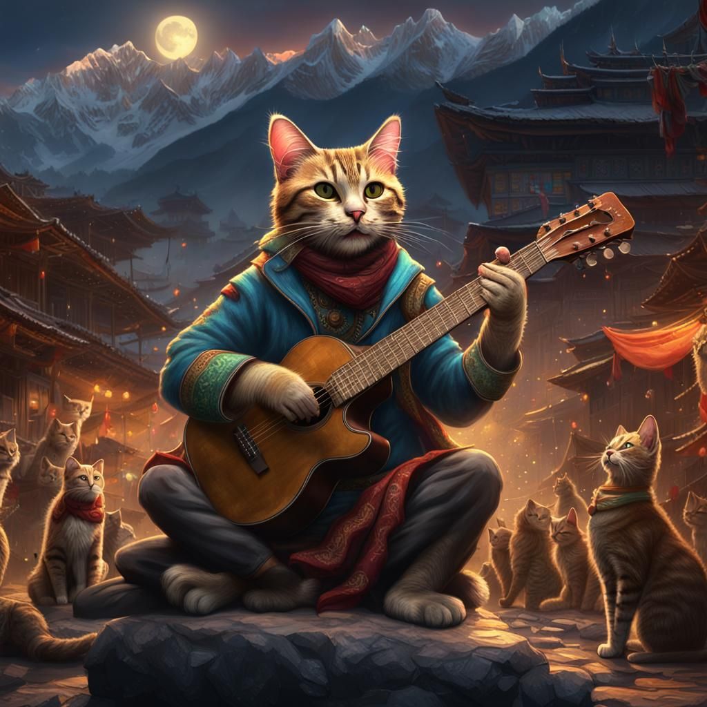 Cat Guitarist in Nepal: Hyperdetailed Fantasy Art
