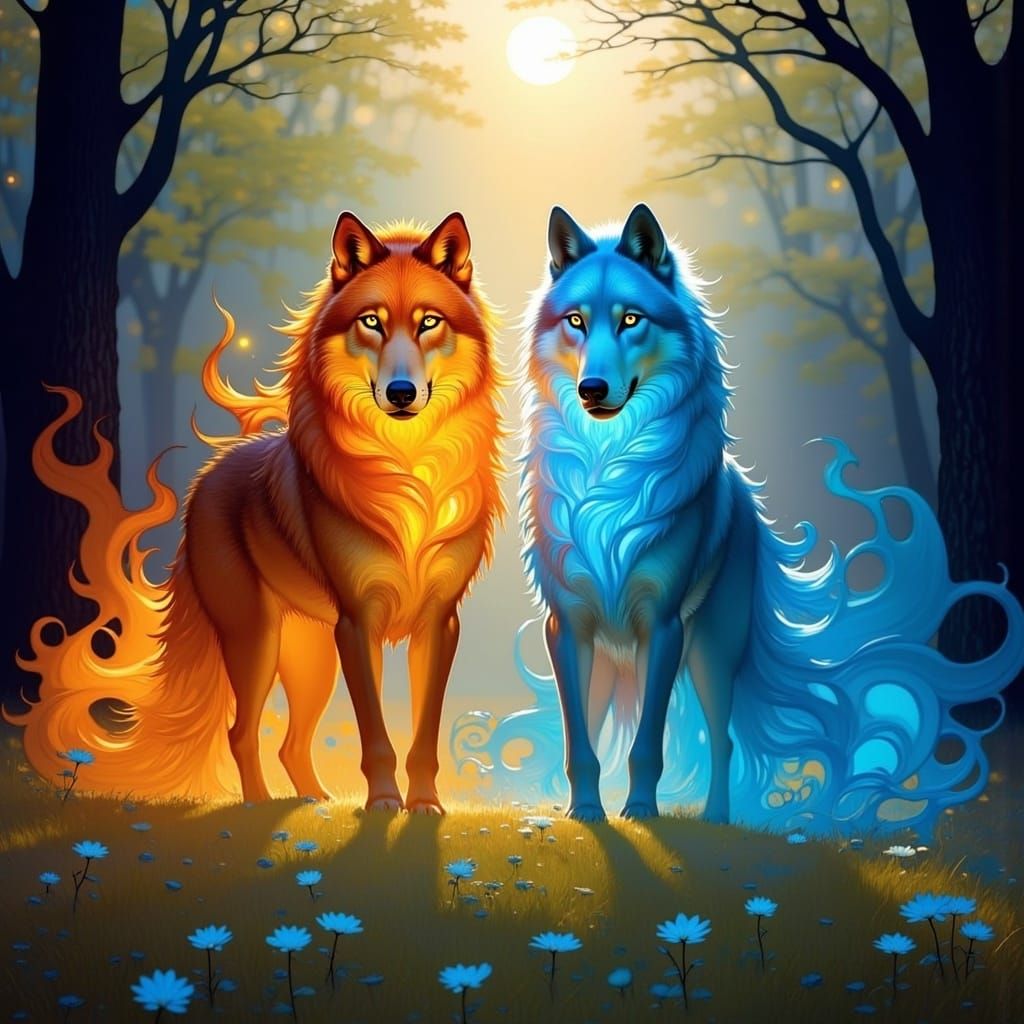 Elemental Wolves in Art Nouveau Style