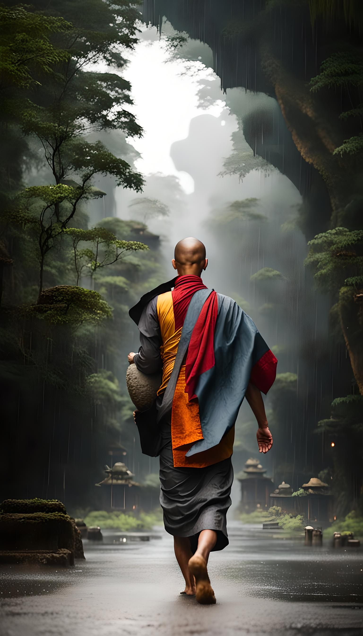 Vietnamese Monk Walks in Rain Under Buddha Statue
