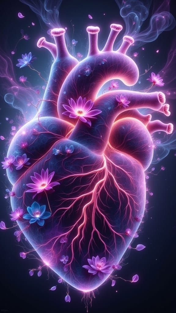 Surreal Gothic Heart Ensnared by Thorny Vines in a Biolumine...